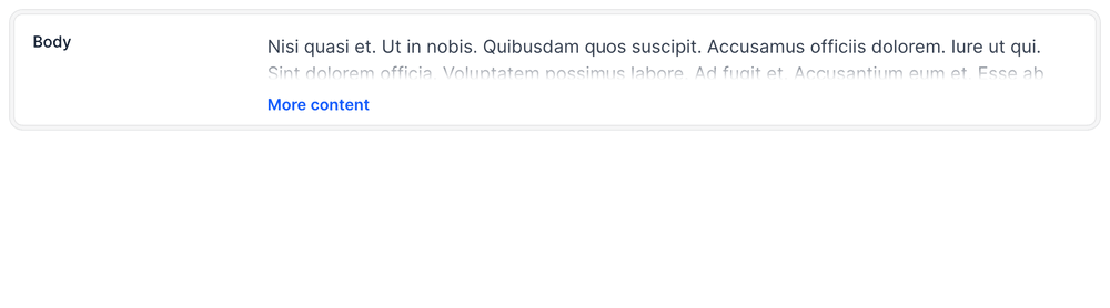 A Trix field on an Avo Show view with long content collapsed behind a “More content” link that, when clicked, reveals the rich text.