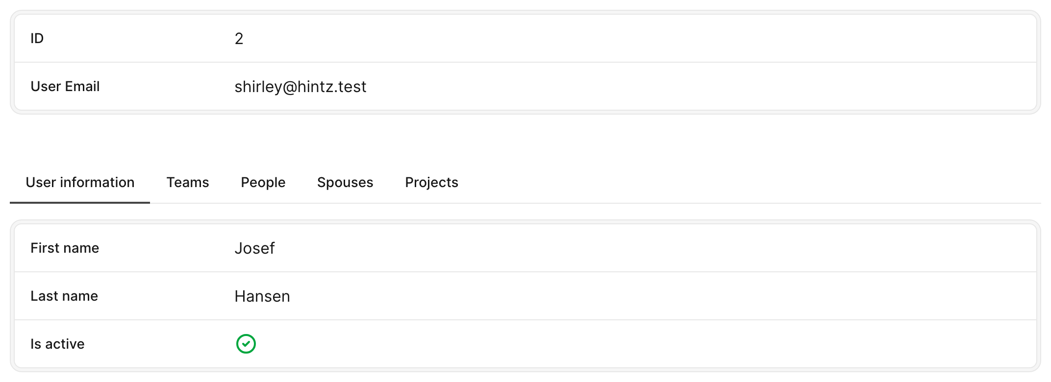 An Avo User show page with id and User Email in the main panel, a tab switcher listing User information, Teams, People, Spouses and Projects, and the User information panel showing first name, last name and the Is active boolean.